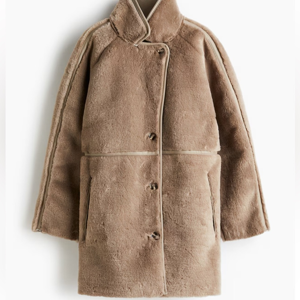 NEW H&M Teddy Faux Leather Shearling Coat Sz Small $119 Beige Mushroom